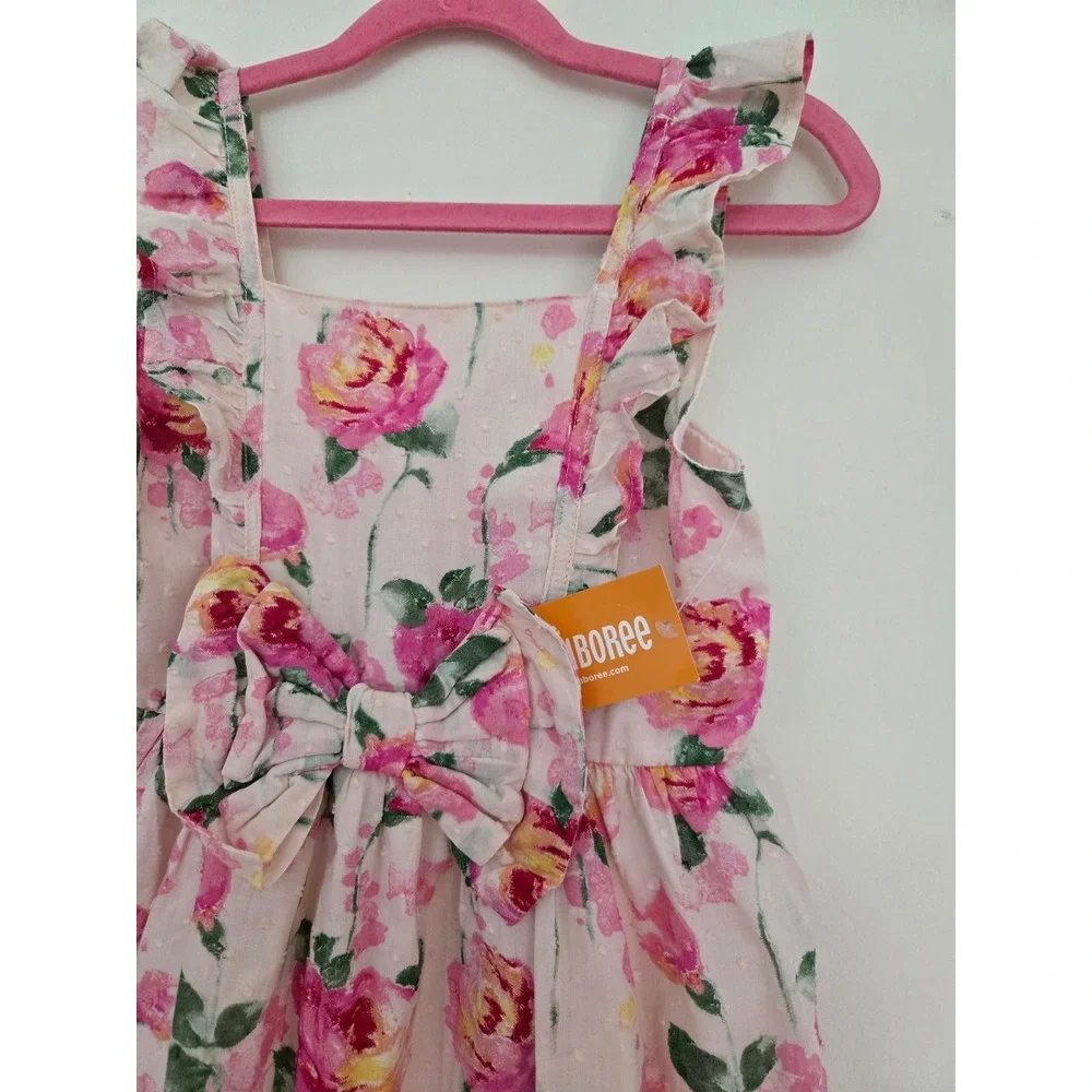 Gymboree Girls Pink Floral Swiss Dot Ruffle Bow Dress Size 6 NWT
